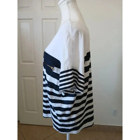 Level Eigth Womens Top Size Large Striped White Navy Scoop Neck Short Sleeve - Picture 5 of 14